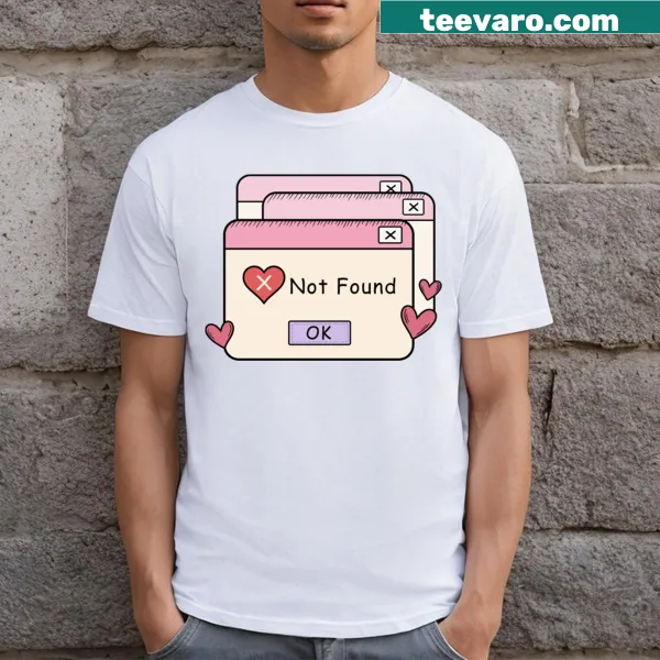 Retro t-shirt with a humorous computer pop-up saying 'Love Not Found'
