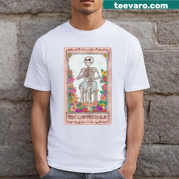 Skeleton tarot card graphic with coffee theme