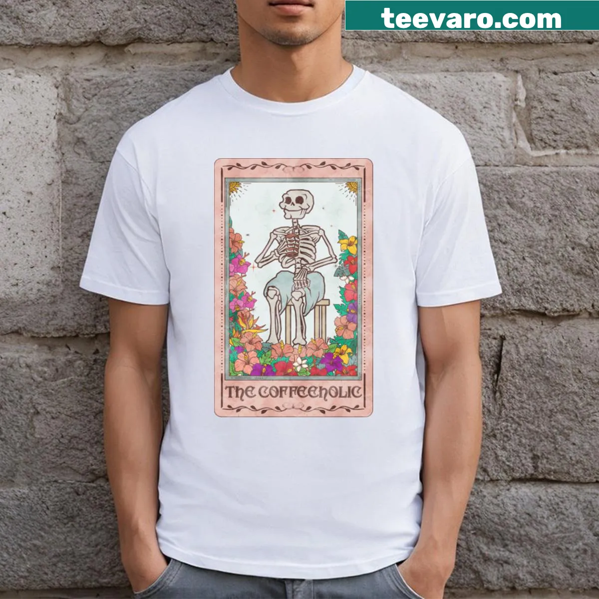 Skeleton tarot card graphic with coffee theme — on a men's t-shirt
