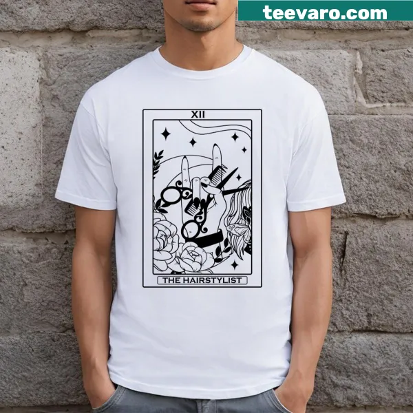 Retro t-shirt featuring a hairstylist tarot card design