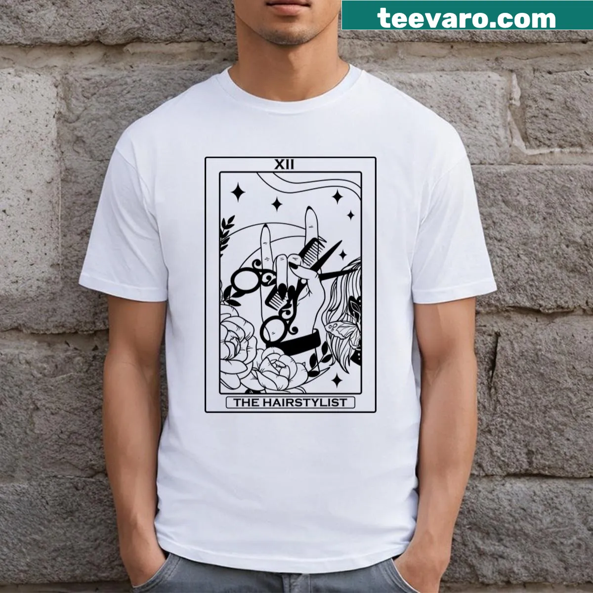 Retro t-shirt featuring a hairstylist tarot card design — on a men's t-shirt
