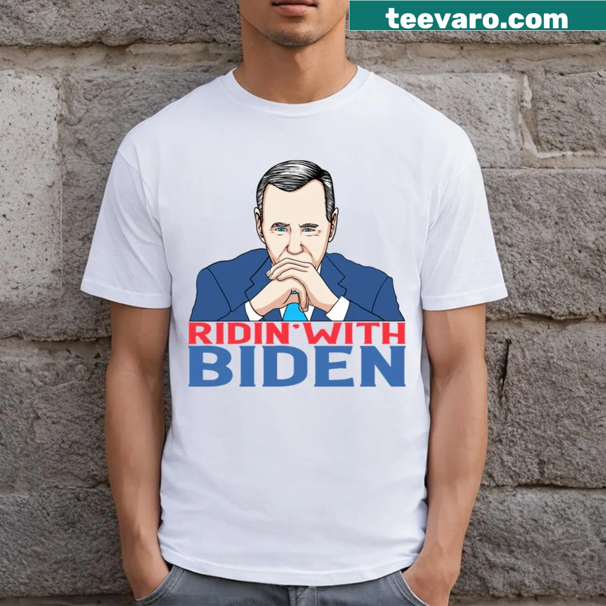 Bold 'Ridin' With Biden' text on t-shirt — on a men's t-shirt