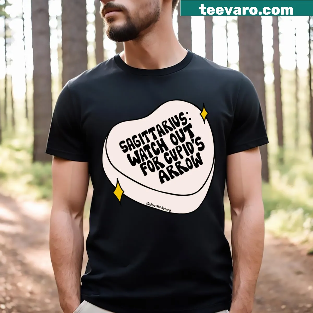 Cute illustration of a Sagittarius-themed conversation heart design. — on a men's t-shirt