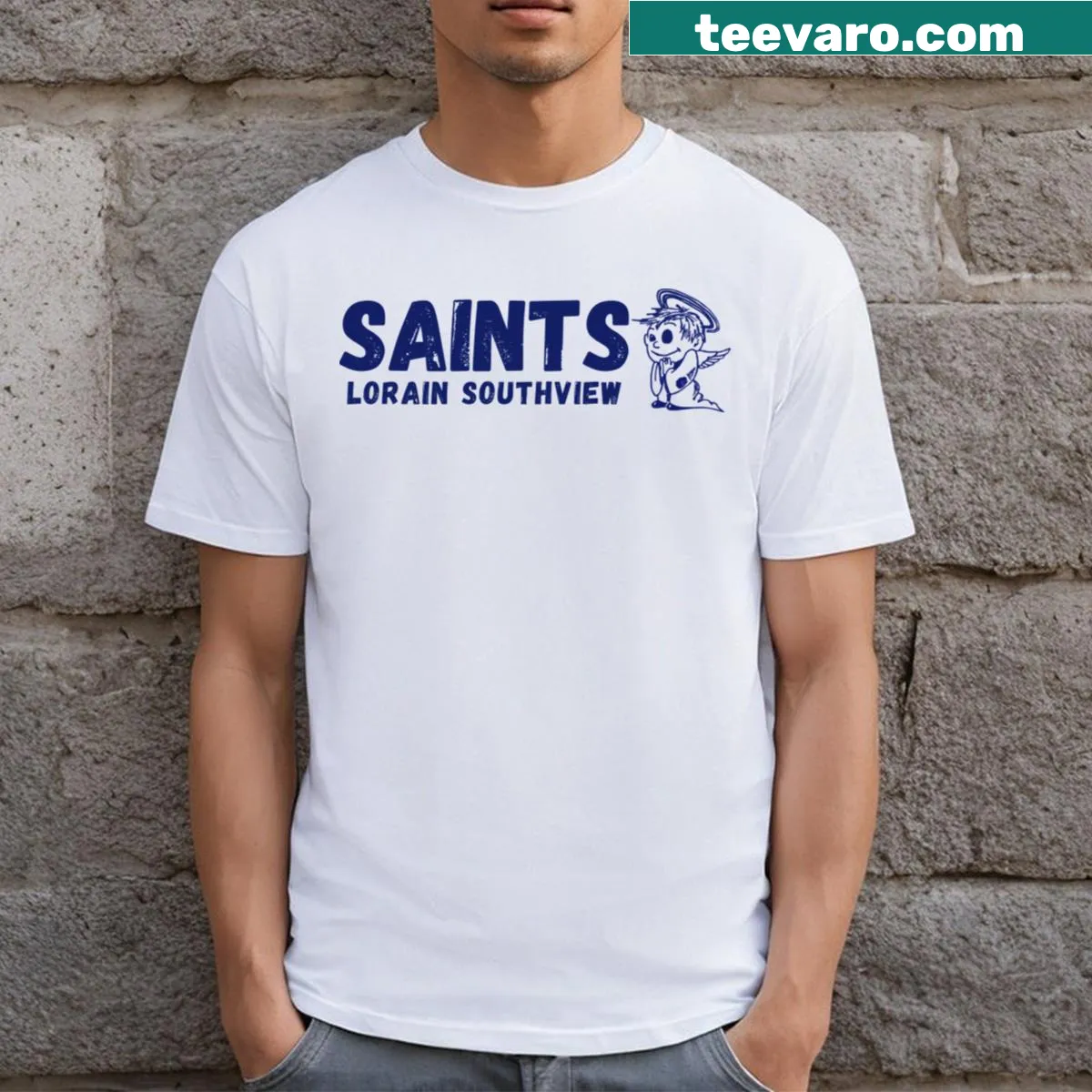 Emblematic Southview Saints graphic on T-shirt — on a men's t-shirt