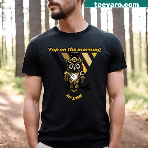 Steampunk owl T-shirt featuring an illustrated owl with gears and goggles.