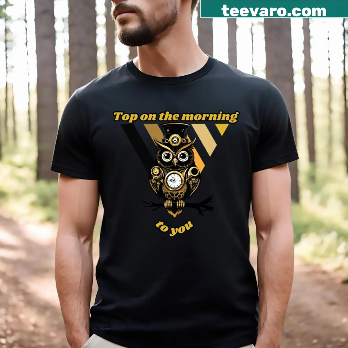 Steampunk owl T-shirt featuring an illustrated owl with gears and goggles. — on a men's t-shirt