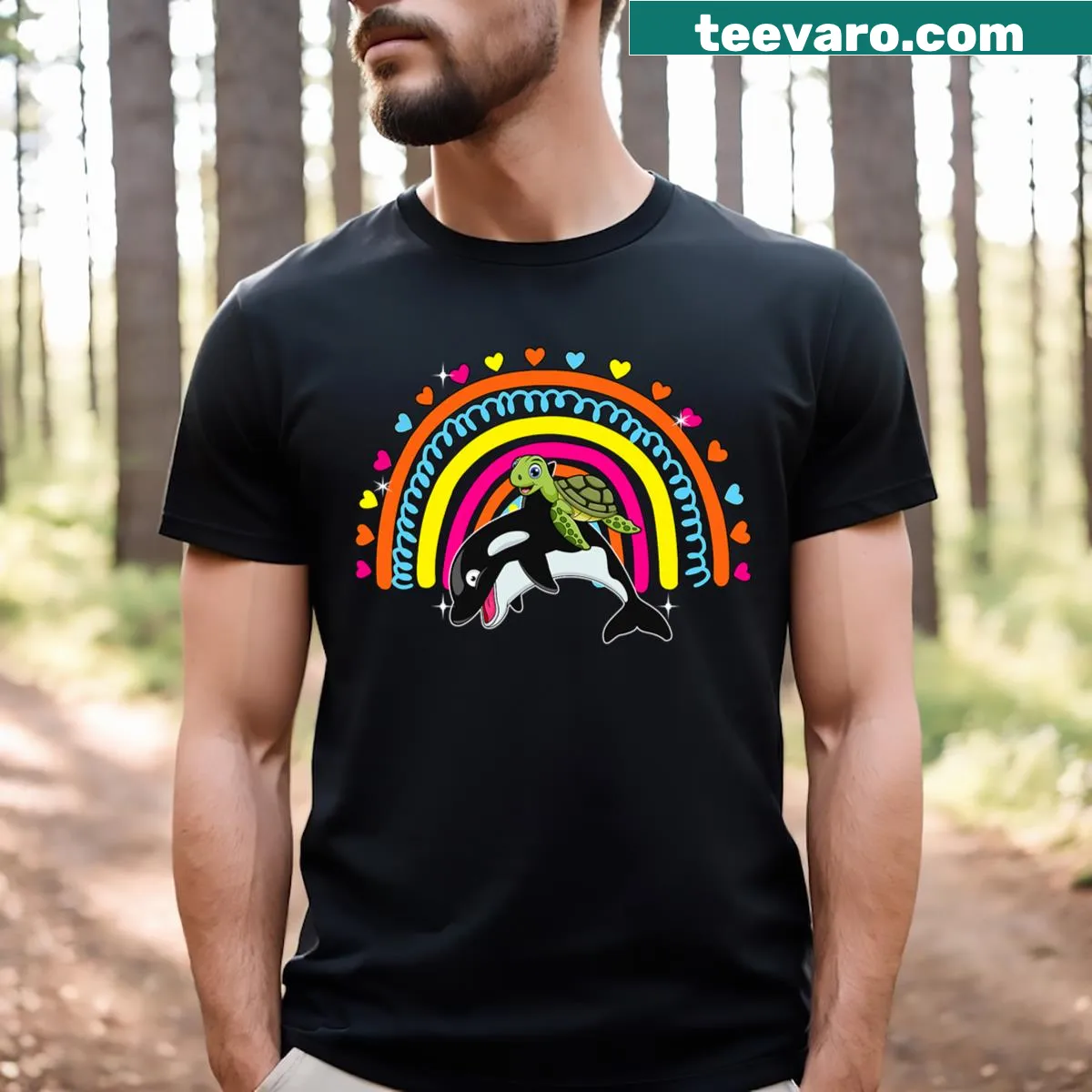 Cute turtle and orca design on kids' t-shirt with rainbow hearts — on a men's t-shirt