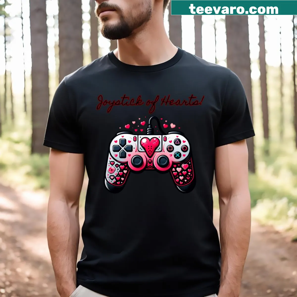 Valentine-themed joystick graphic with hearts — on a men's t-shirt