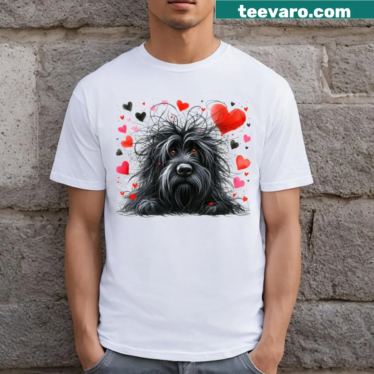 Cartoon graphic of a crazy black dog for Valentine's Day — on a men's t-shirt