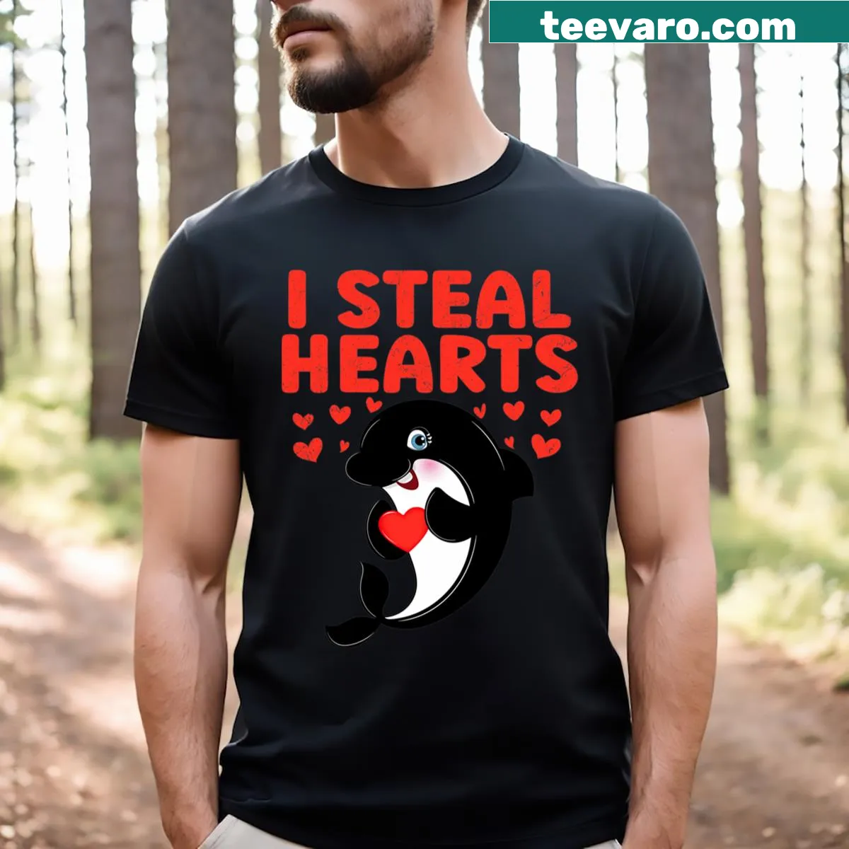 Illustration of orcas with hearts for Valentine's Day — on a men's t-shirt