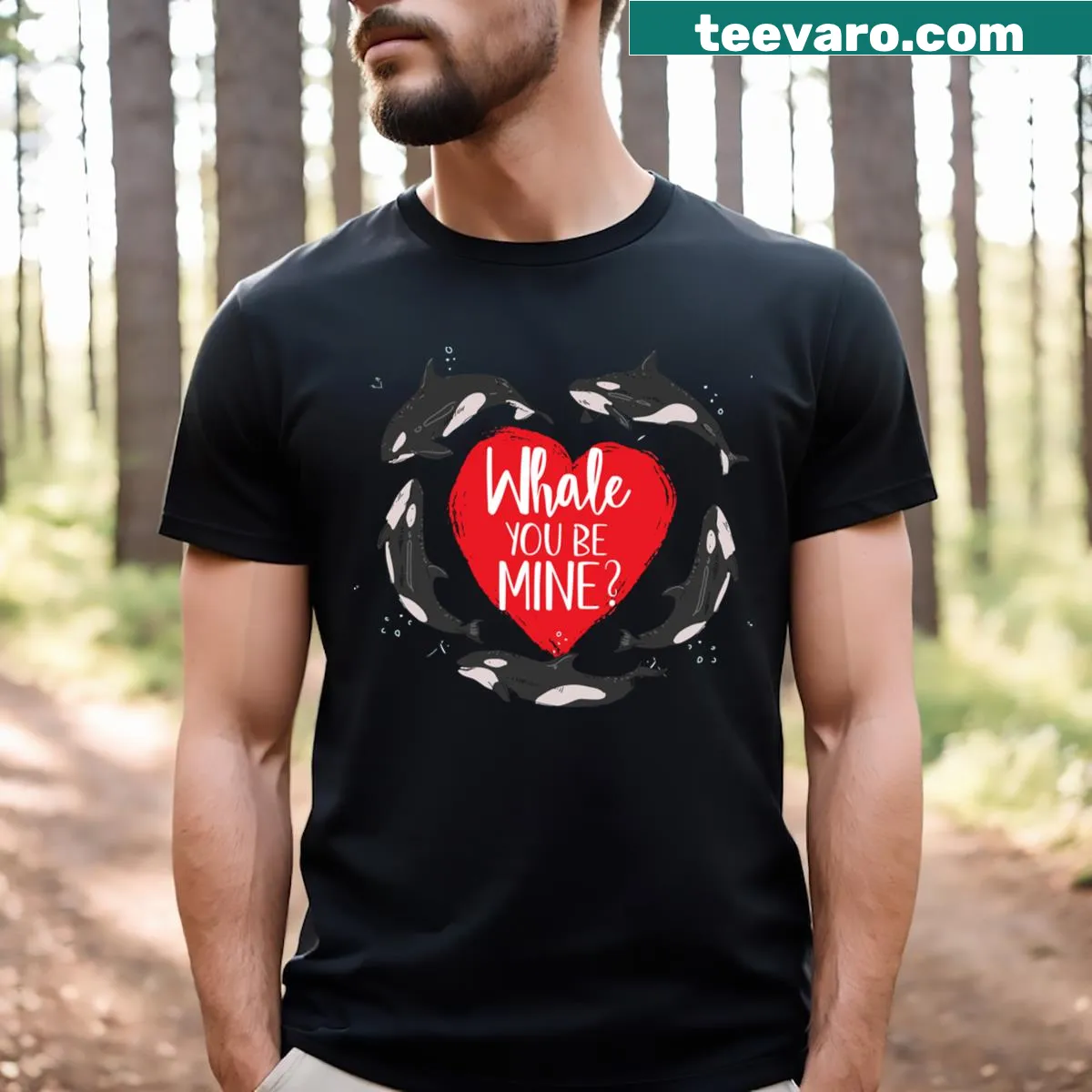 Cute orca whale asking 'Will you be mine?' for Valentine's Day — on a men's t-shirt