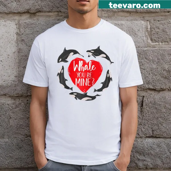 Cute illustration of an orca whale asking 'Will you be mine?' for Valentine's Day