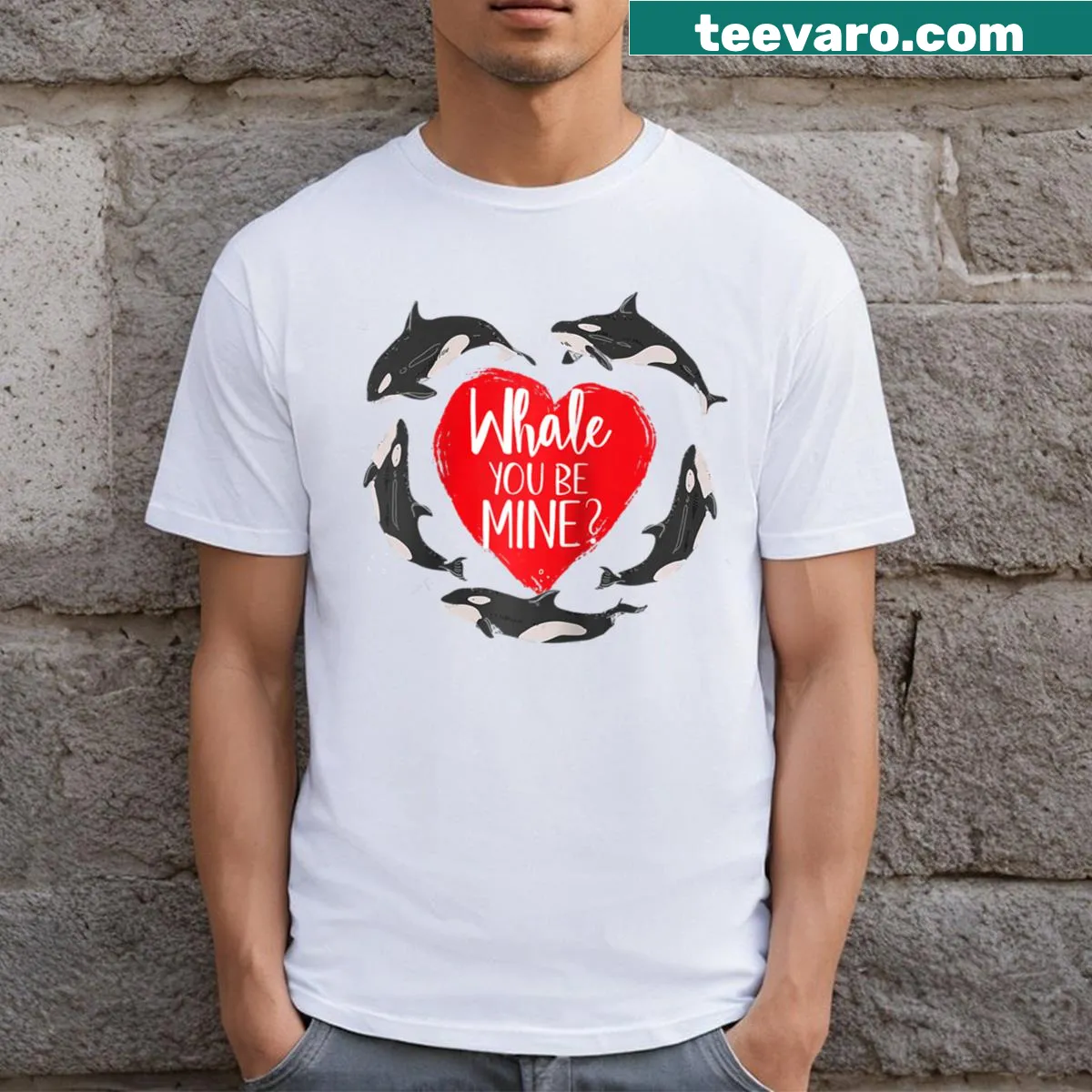 Cute illustration of an orca whale asking 'Will you be mine?' for Valentine's Day — on a men's t-shirt