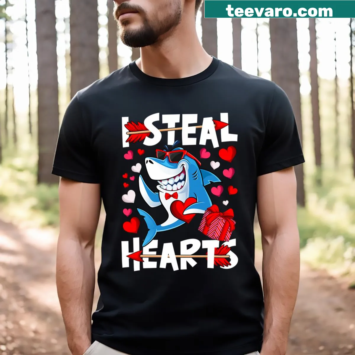 Funny shark design saying 'I Steal Hearts' for Valentine's Day — on a men's t-shirt