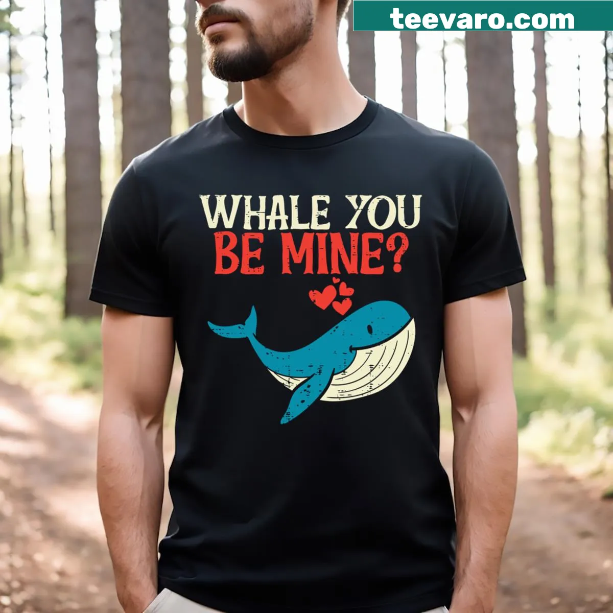 Funny orca graphic with the pun 'Whale You Be Mine' on a t-shirt — on a men's t-shirt