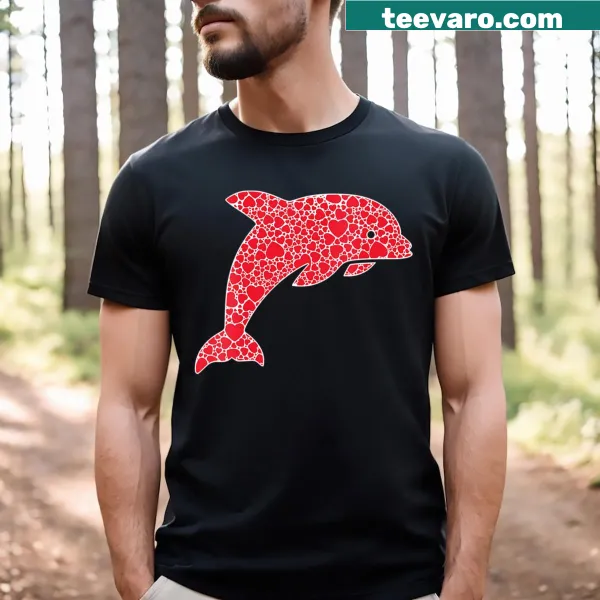 Valentine's Day V-neck t-shirt with dolphins and hearts illustration