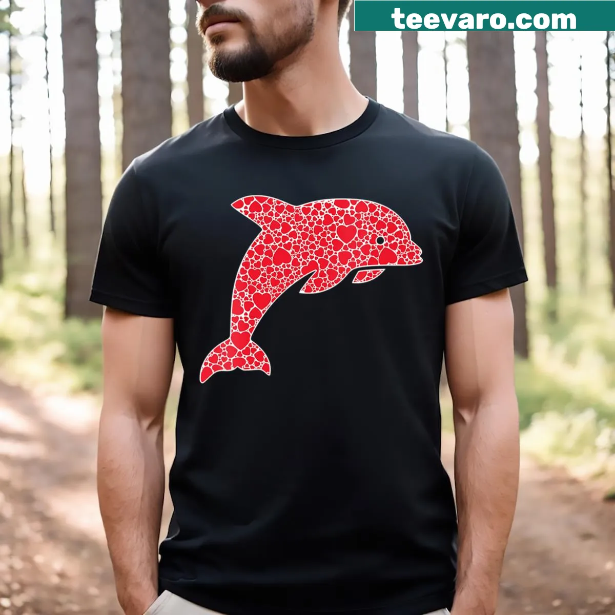 Valentine's Day V-neck t-shirt with dolphins and hearts illustration — on a men's t-shirt