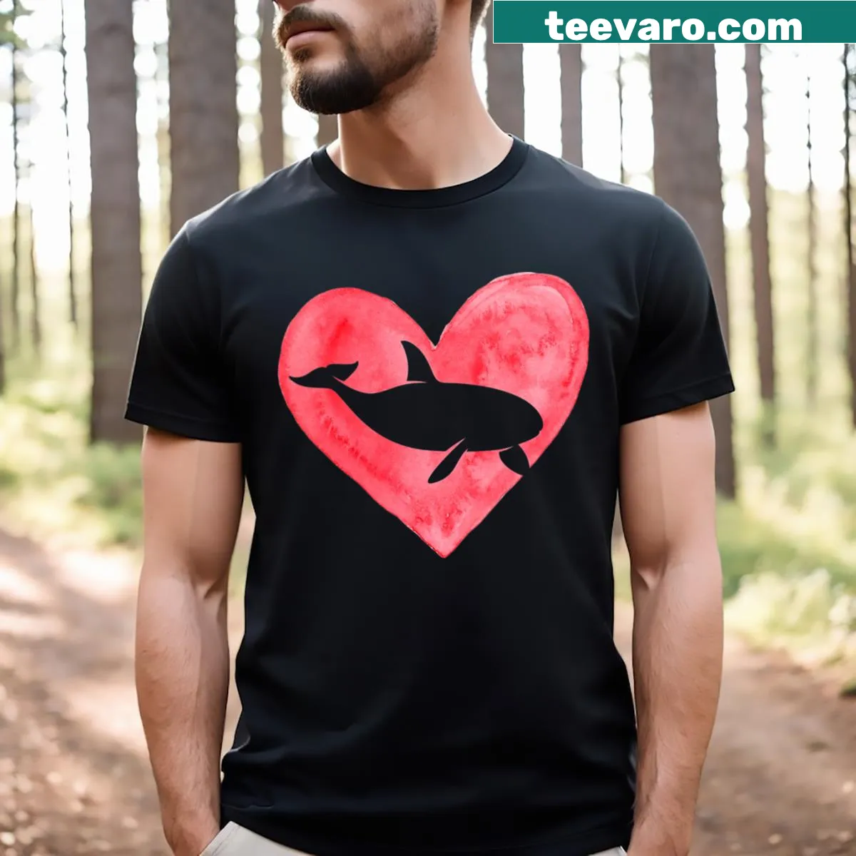 Fun heart and orca design on a V-neck T-shirt — on a men's t-shirt