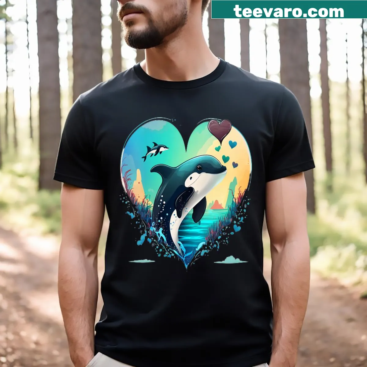 Cute orca and heart graphic V-neck t-shirt for women — on a men's t-shirt