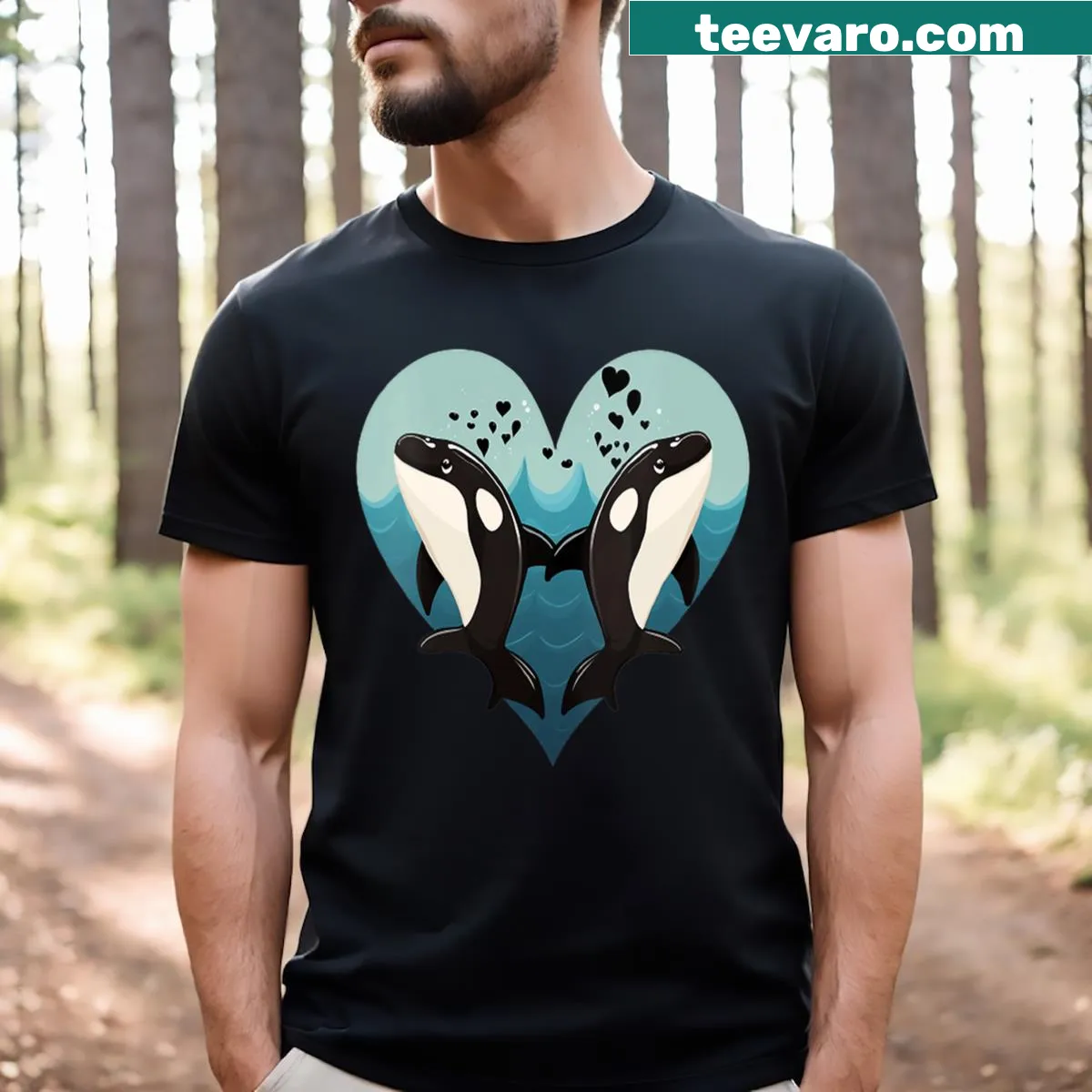 V-neck T-shirt with orcas, hearts, and fish illustration — on a men's t-shirt