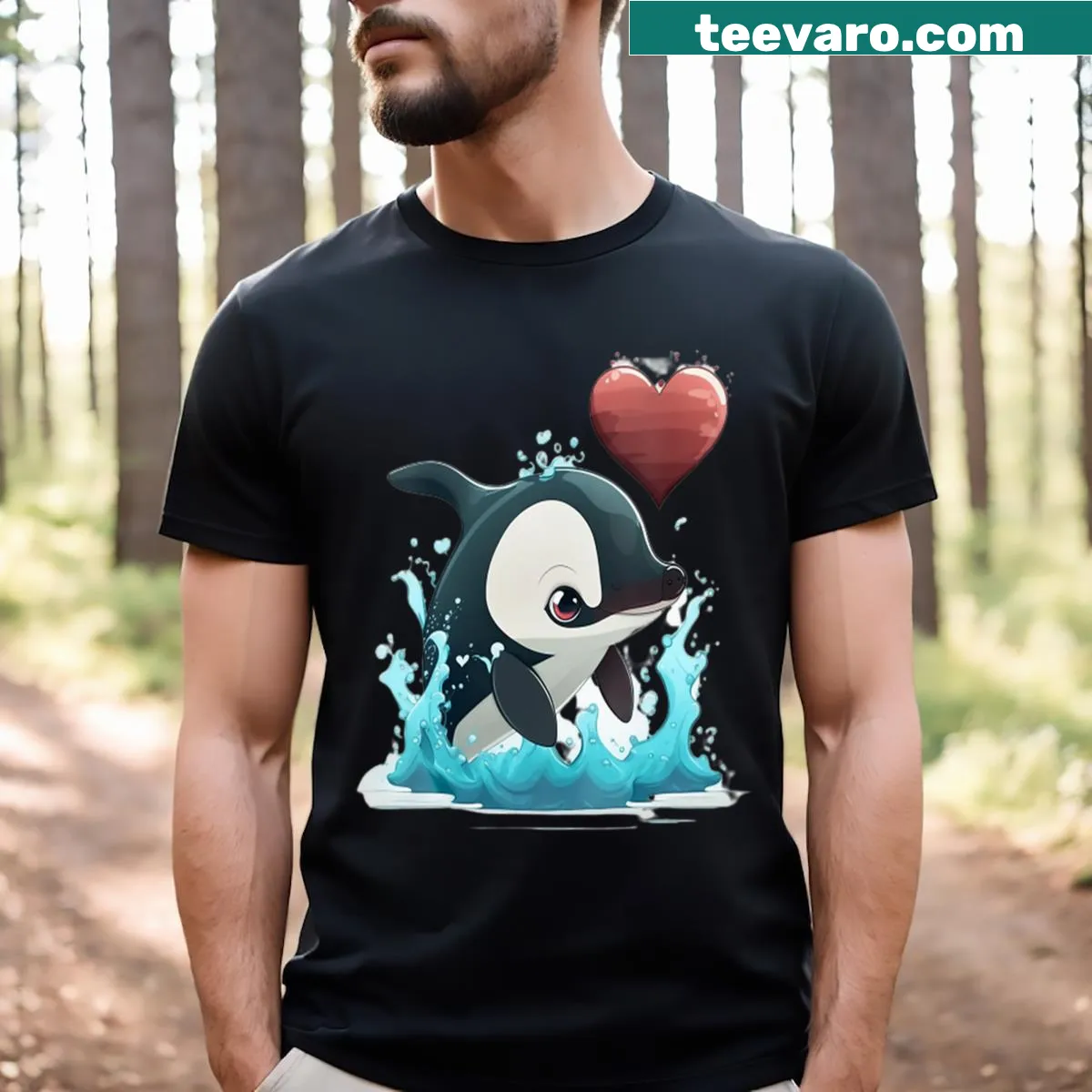 Adorable orca heart graphic V-neck t-shirt for women — on a men's t-shirt