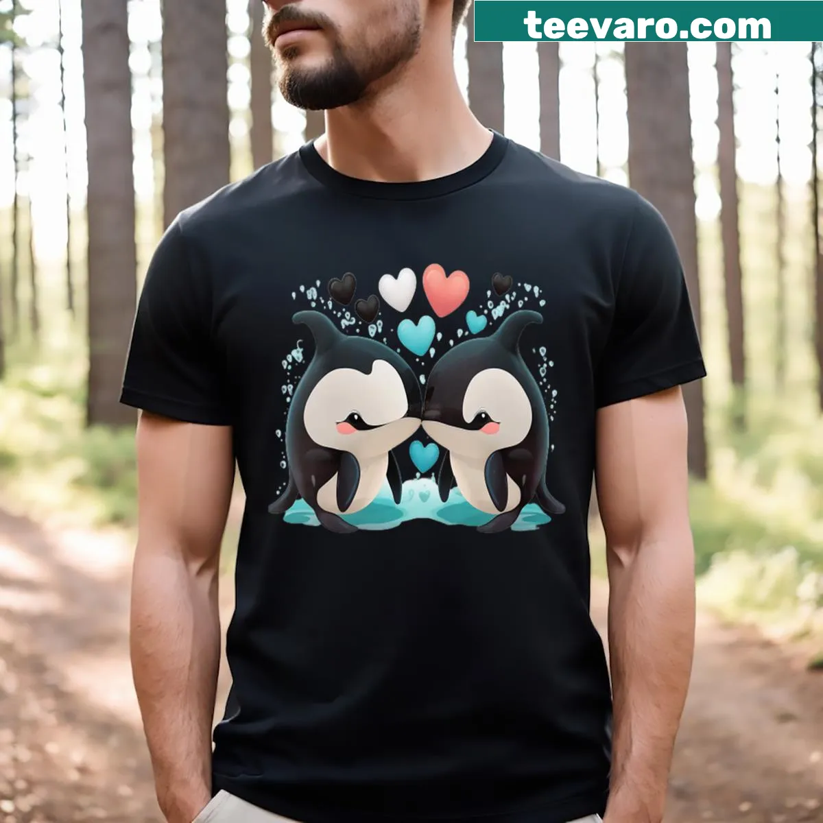 Cute orca and friends graphic V-neck t-shirt for women — on a men's t-shirt