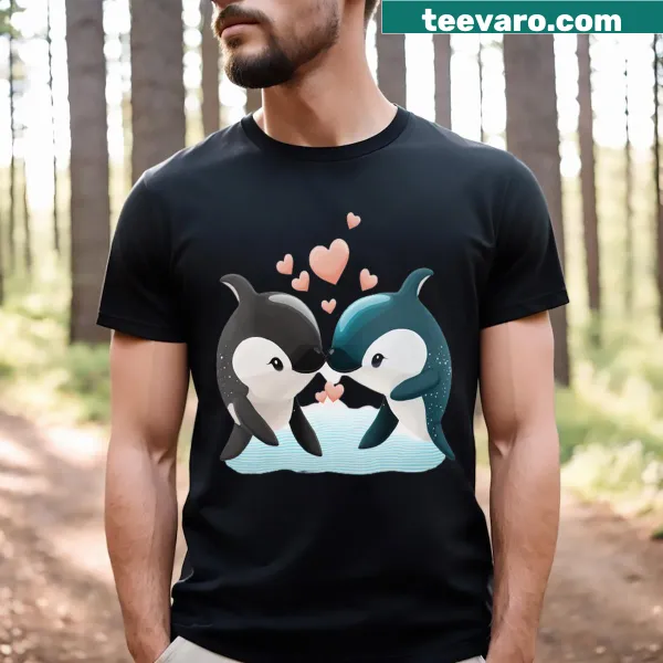 Whimsical orcas and heart design on a women's t-shirt