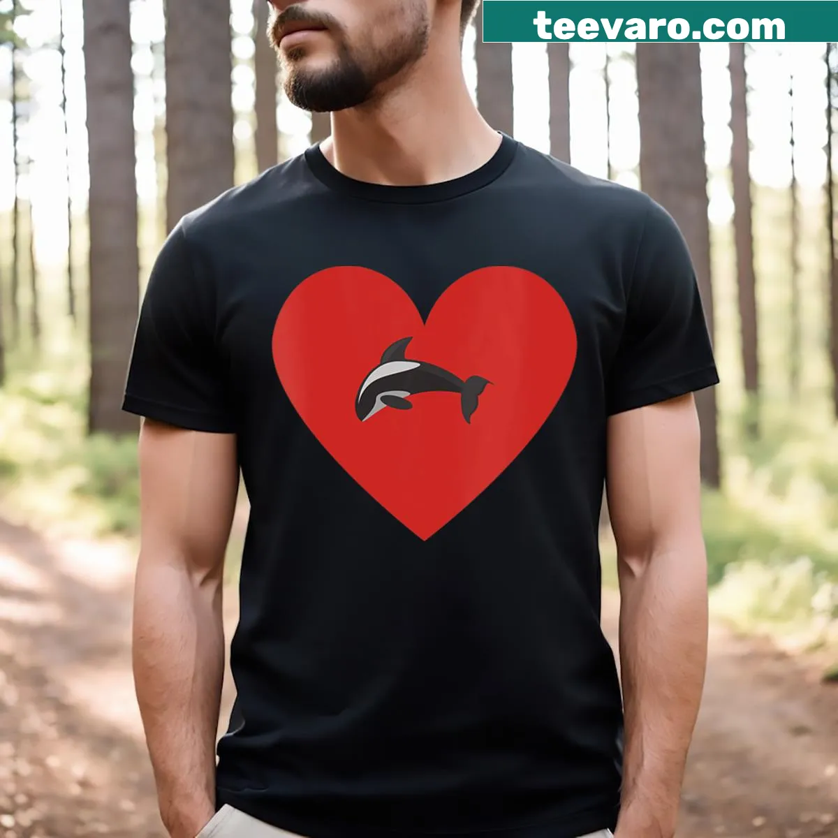 Retro-style killer whale and heart graphic on a women's t-shirt — on a men's t-shirt