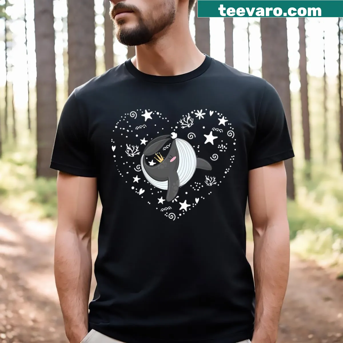 V-neck T-shirt featuring orca design for Valentine's Day — on a men's t-shirt
