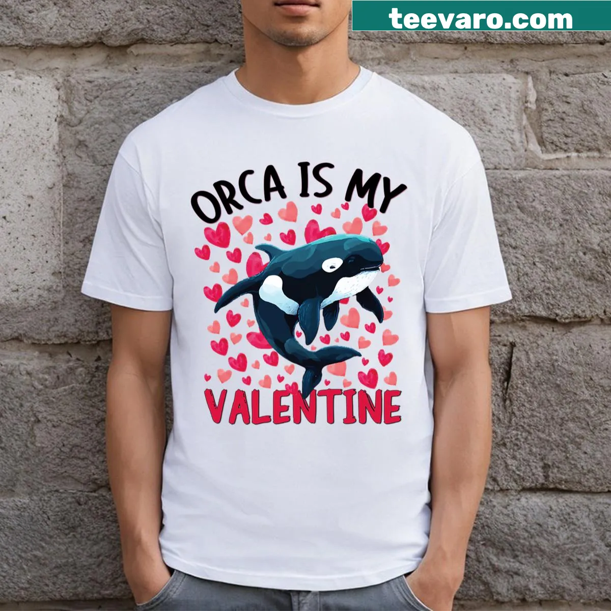 Heart-shaped orca graphic with text on a Valentine's shirt — on a men's t-shirt