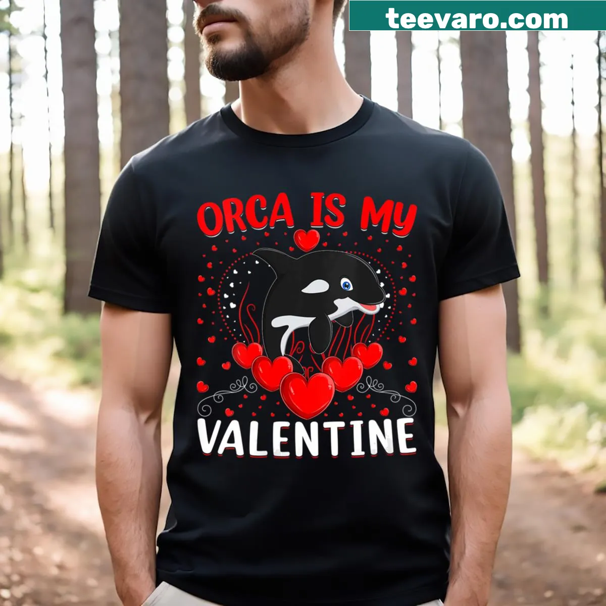 Heart themed orca design with text on a Valentine's V-neck shirt — on a men's t-shirt
