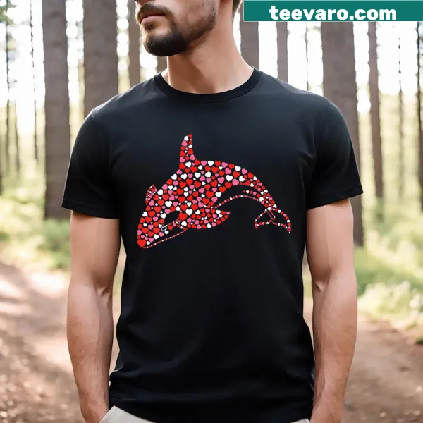 Heart-shaped orca graphic for kids on V-neck T-shirt