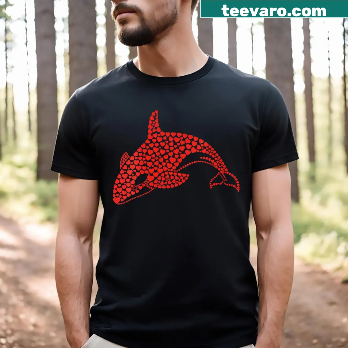 V-neck T-shirt with heart and orca design for ocean lovers — on a men's t-shirt