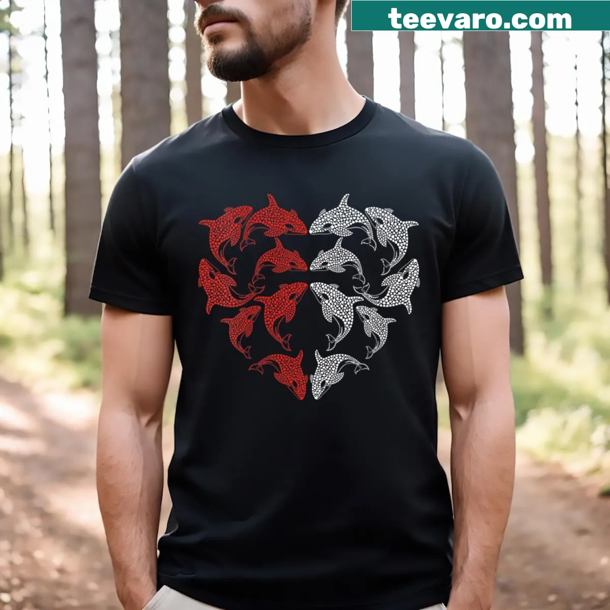 Valentines Day V-neck T-shirt featuring orcas and heart design — on a men's t-shirt