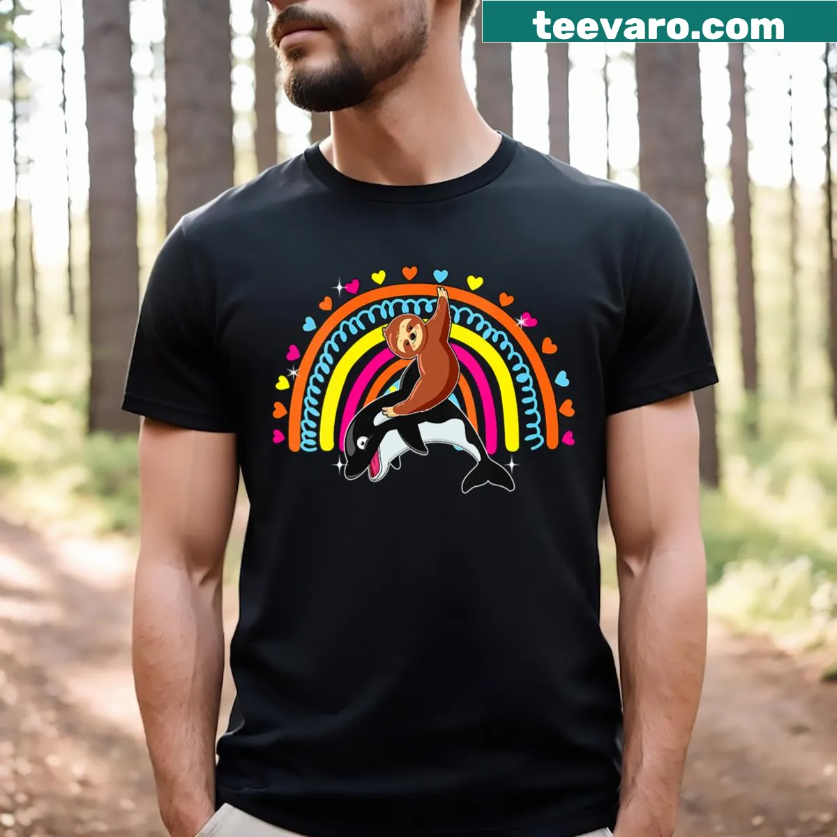 Cartoon sloth riding orca with rainbow hearts graphic on a V-neck t-shirt — on a men's t-shirt