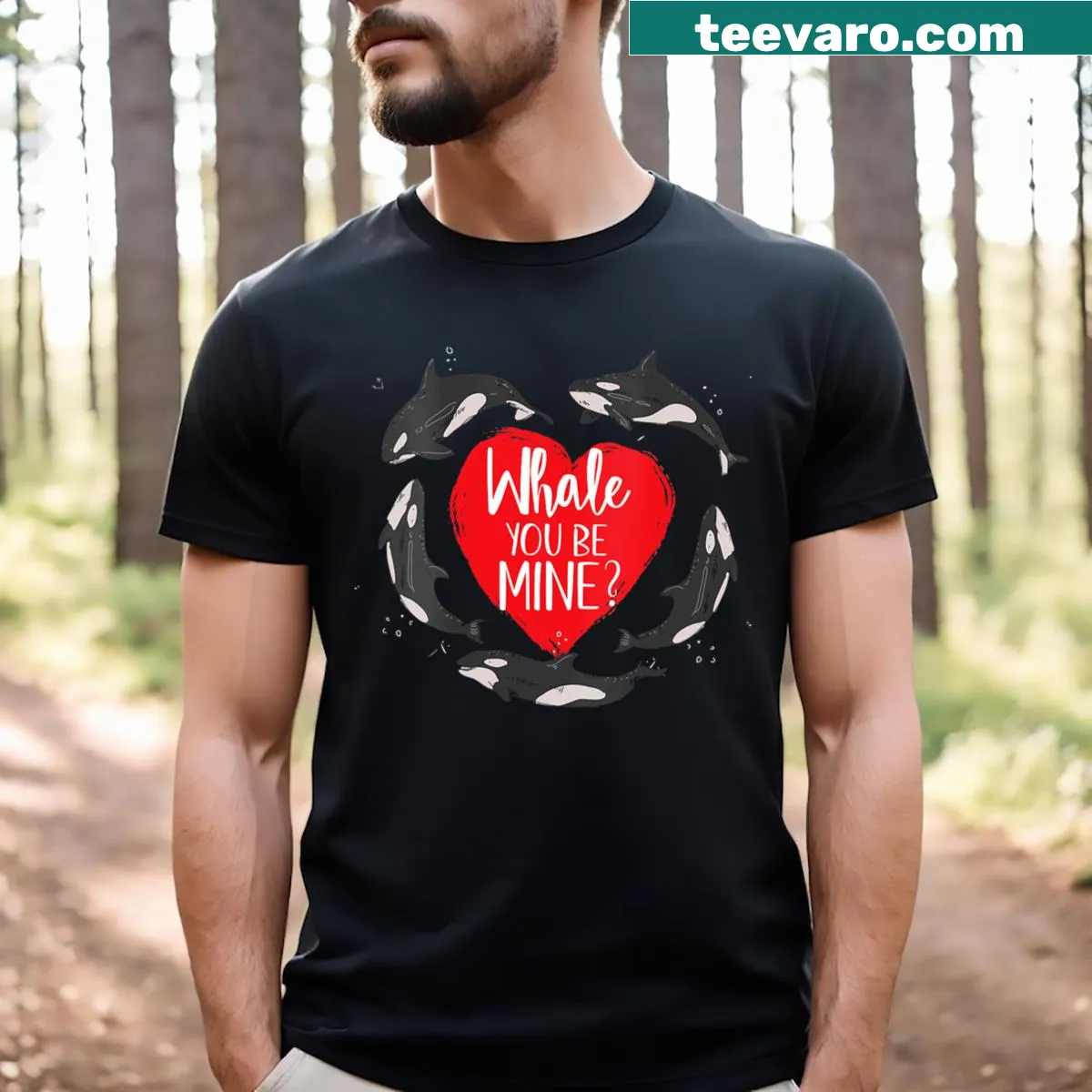 Cute orca whale graphic asking 'Will you be mine?' on a V-neck t-shirt — on a men's t-shirt