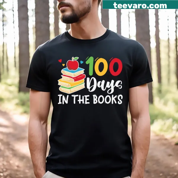 Celebratory text '100 Days In The Books' on a teacher's T-shirt