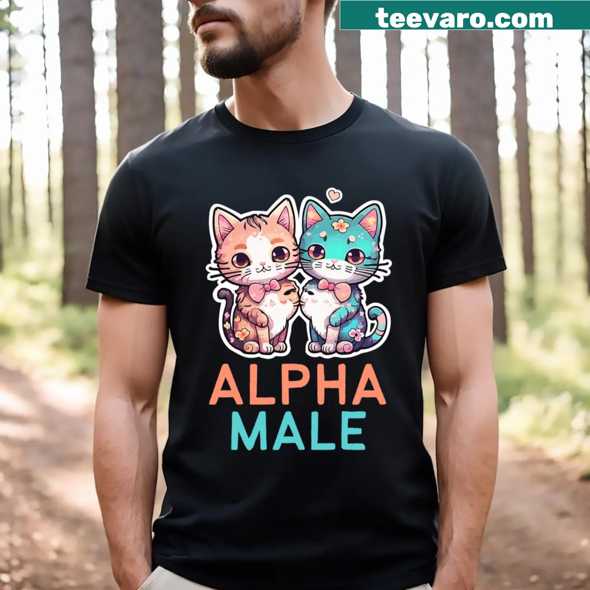 Funny T-shirt declaring 'Alpha Male Cat' with bold typography — on a men's t-shirt