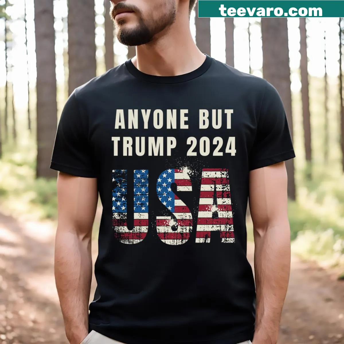 Bold t-shirt with the text 'Anyone But Trump 2024' for political expression — on a men's t-shirt
