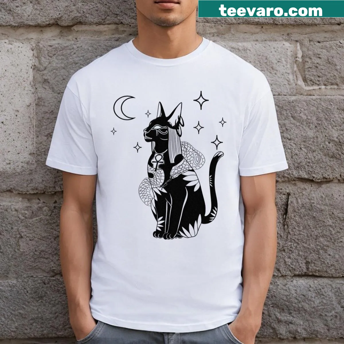 Stylized depiction of Bastet on a t-shirt representing feline mystery — on a men's t-shirt