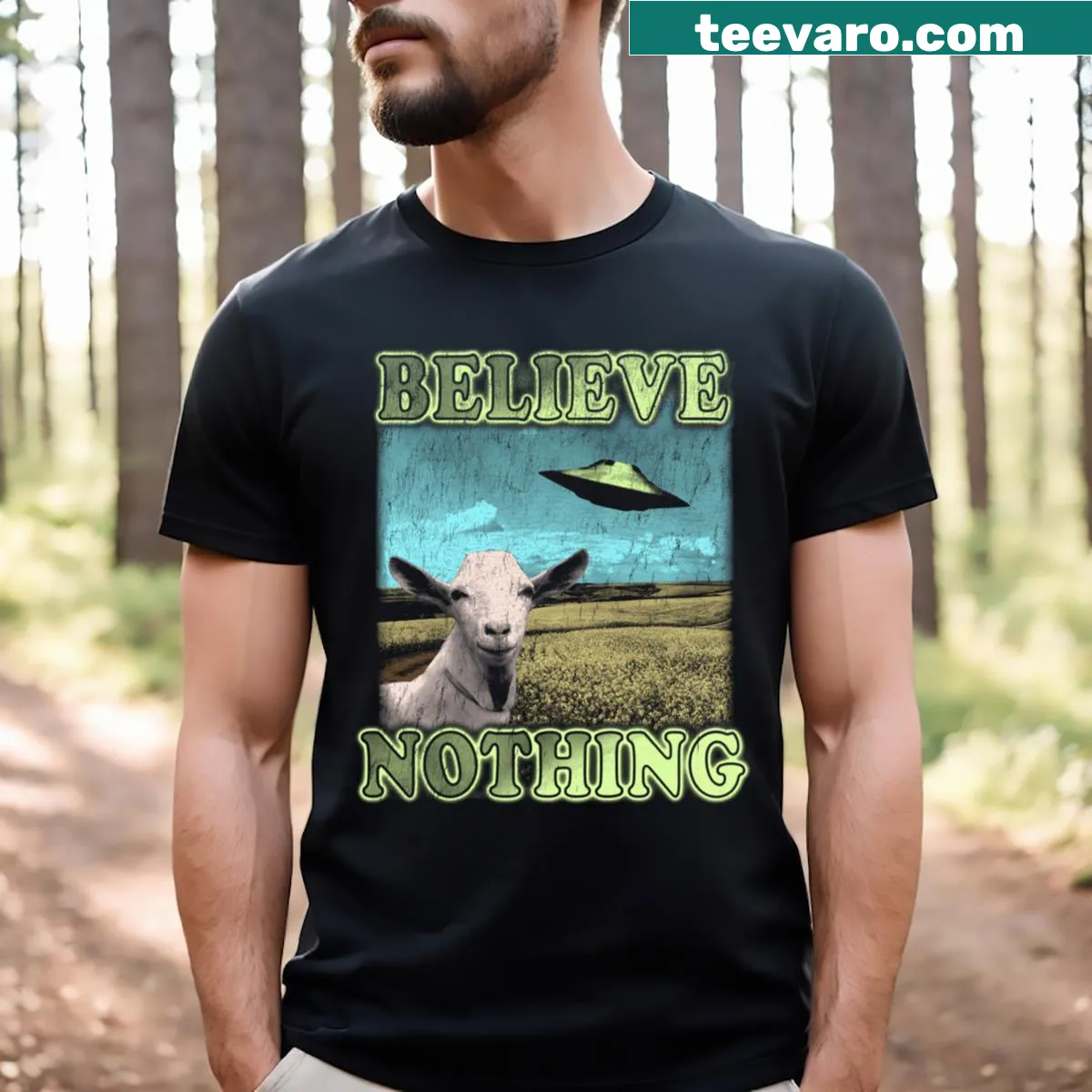 T-shirt with the phrase 'Believe Nothing' in minimalist typography — on a men's t-shirt