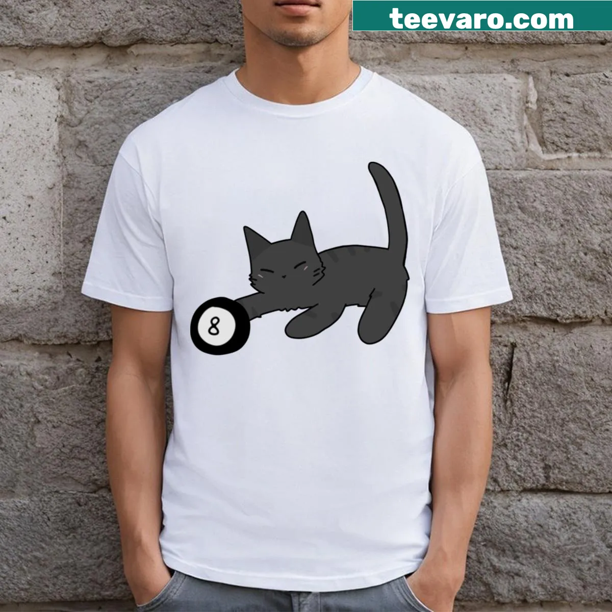 Cartoon cat playing billiards on a t-shirt — on a men's t-shirt