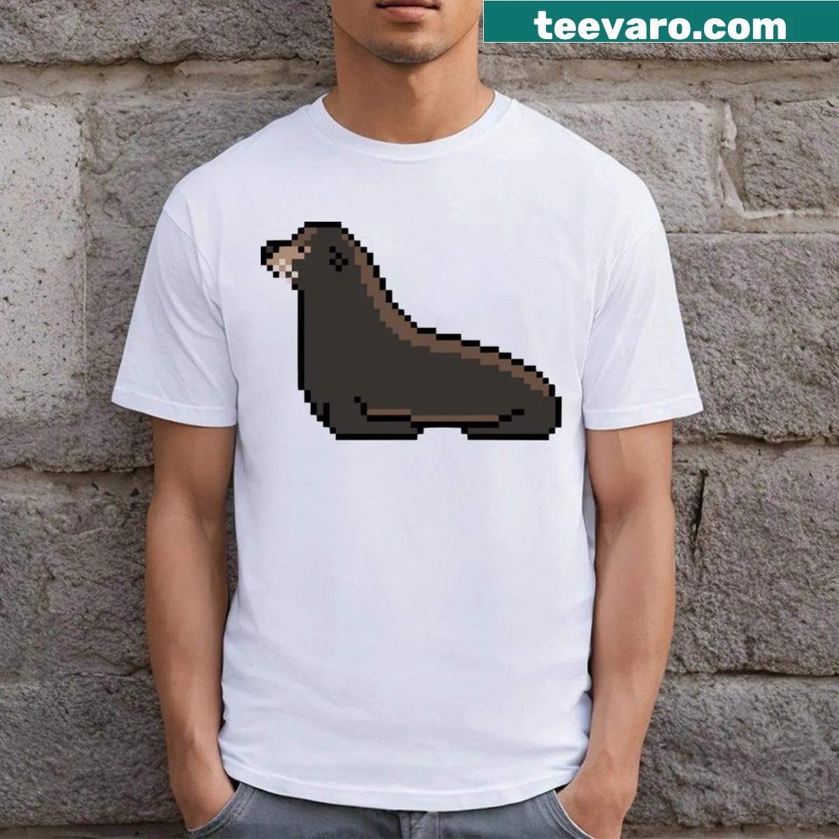 Pixel art of a California sea lion on a T-shirt — on a men's t-shirt