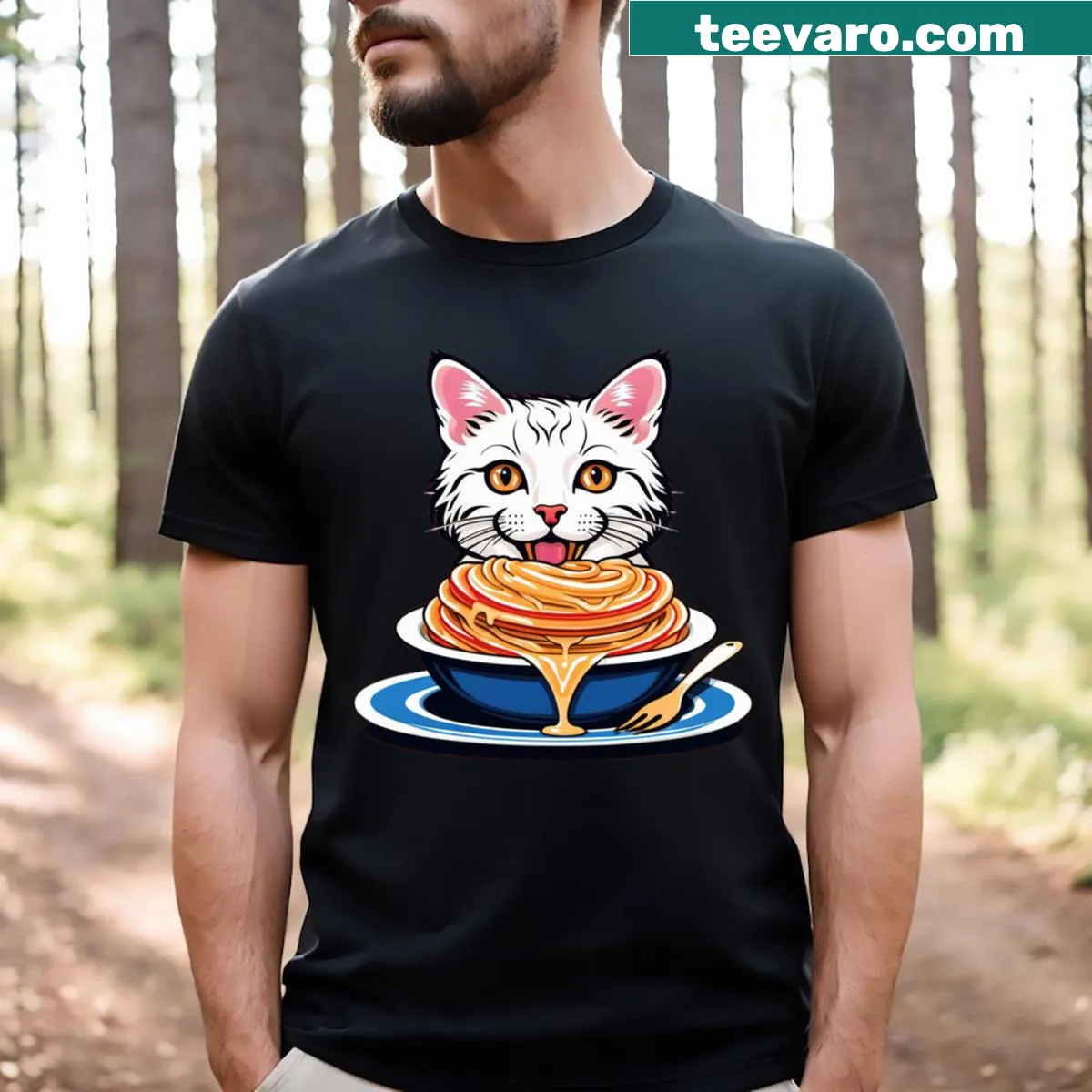 Funny T-shirt featuring a cat enjoying spaghetti illustration — on a men's t-shirt