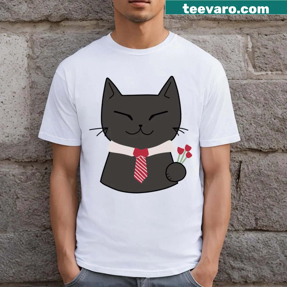 Illustration of a cat with a rose on a T-shirt — on a men's t-shirt