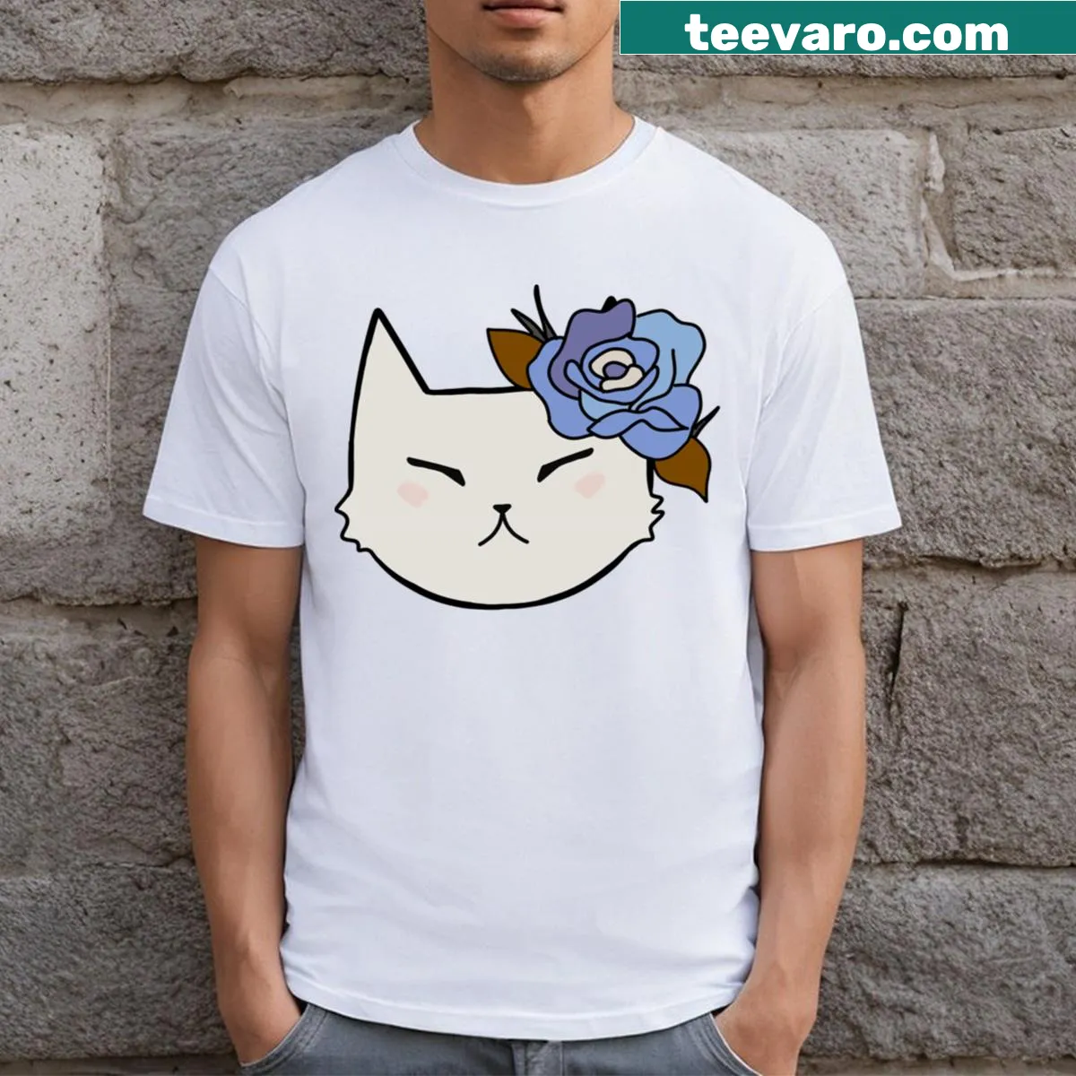 Cute T-shirt featuring a cat with flowers illustration — on a men's t-shirt