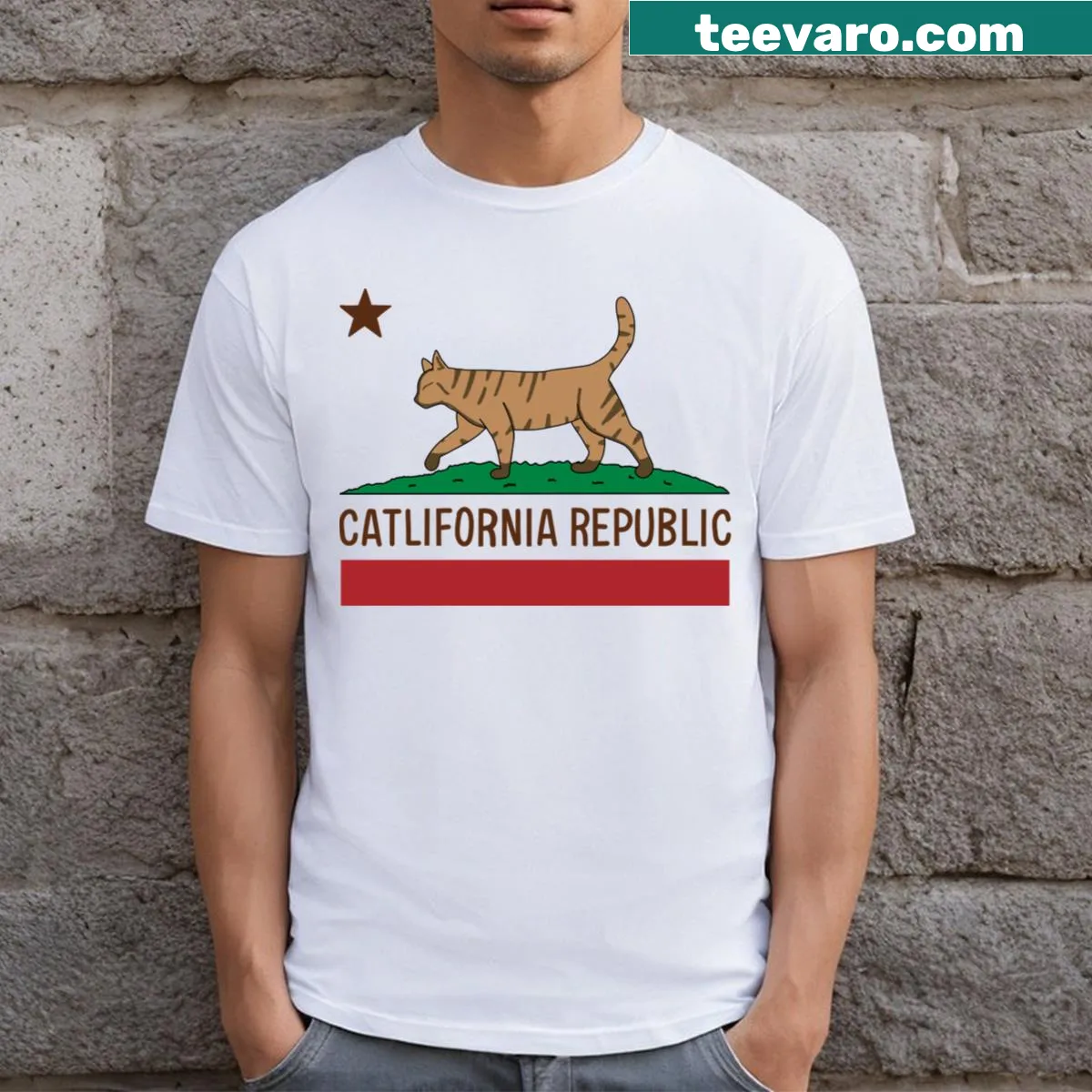 Playful T-shirt featuring Catlifornia Republic design — on a men's t-shirt