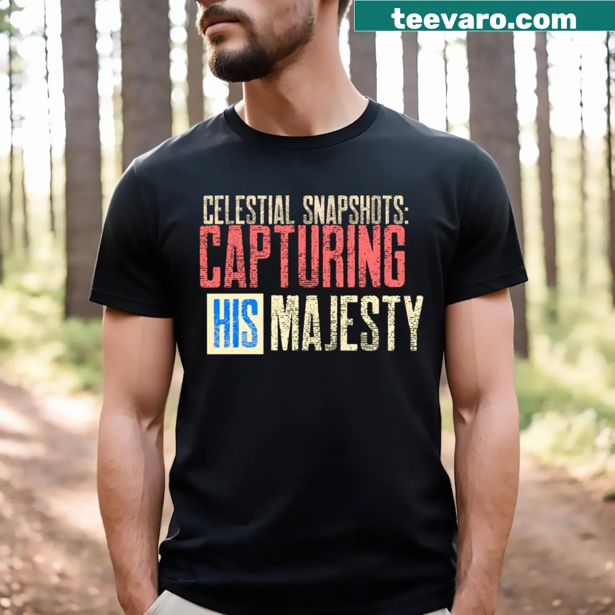 Celestial-themed T-shirt inspired by Christian photography — on a men's t-shirt