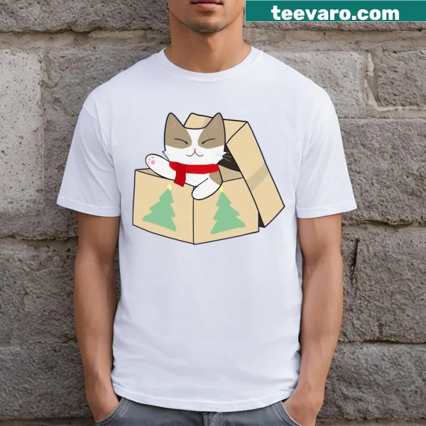 Cute Christmas Cat T-shirt featuring a cat in a gift box