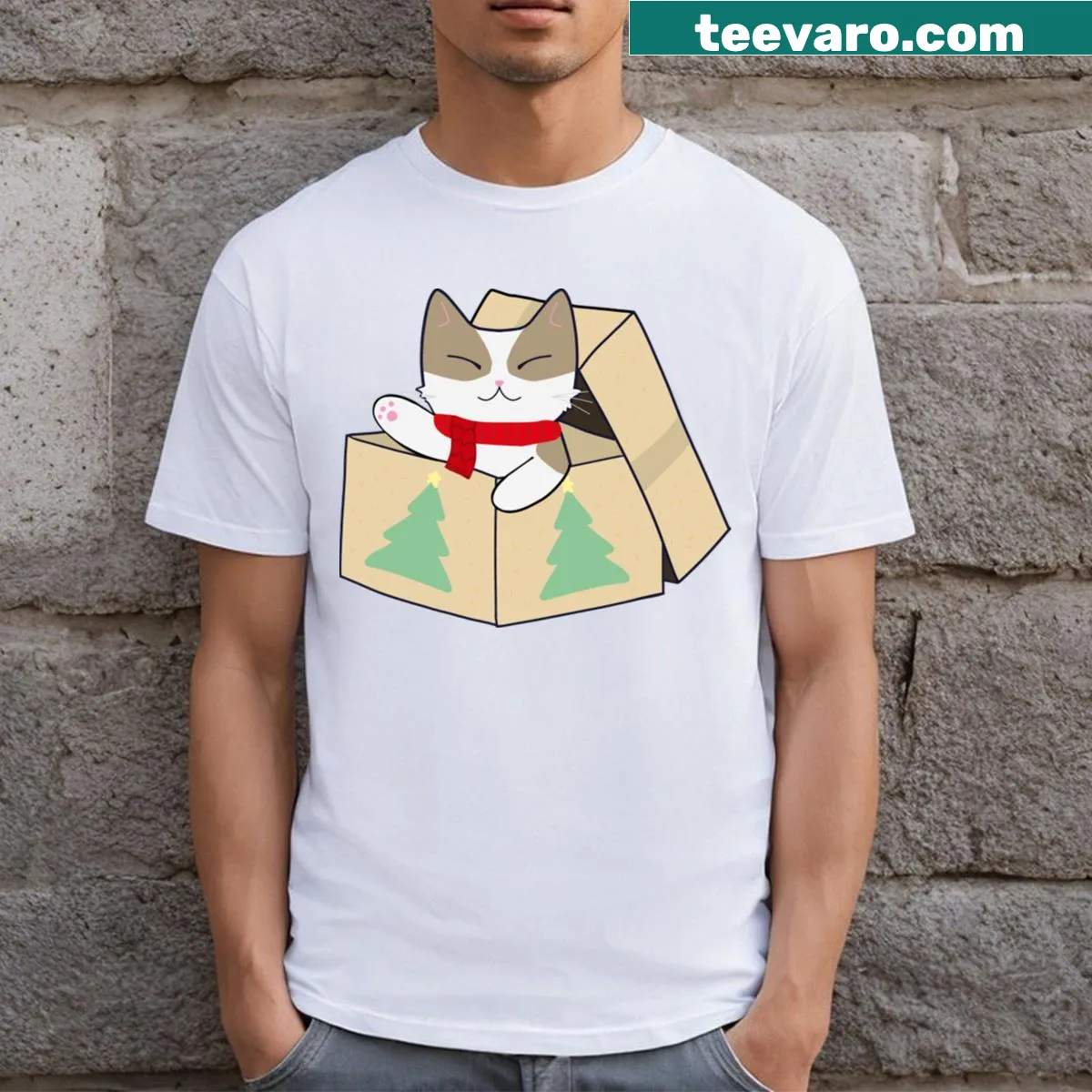 Cute Christmas Cat T-shirt featuring a cat in a gift box — on a men's t-shirt